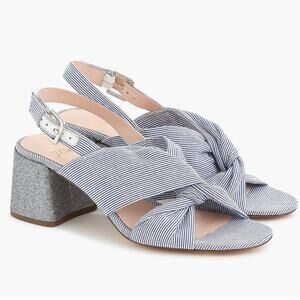 J. CREW Twisted-Knot Penny Sandals 8.5 Blue White Pinstripe Glitter Block Heel